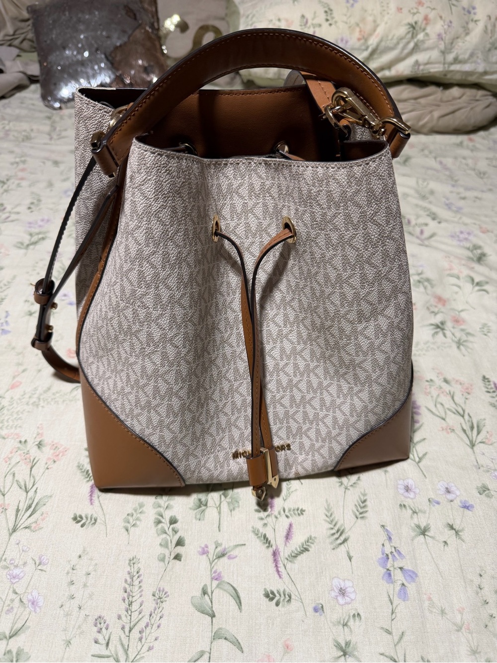Michael Kors Brown & Beige Monogram Drawstring Bucket Shoulder Bag